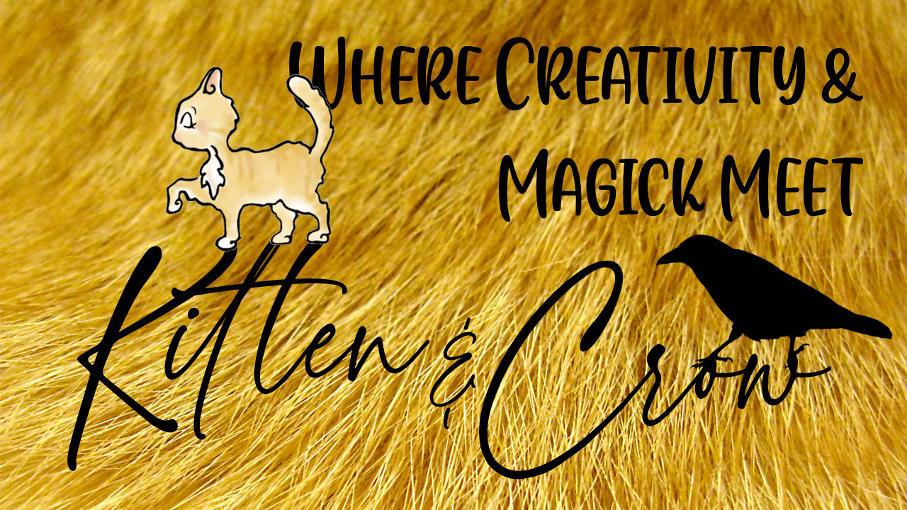 On a background of cat furr, there are the words 'Kitten & Crow' in script, with Rocko walking on 'Kitten' and the sillhouette of a corvid on the 'Crow'. Above them are the words 'where creativity & magick meet'. Rocko's tail is a bit in front of the 'w', since kittens, especially Circus Kittens, walk where they will.