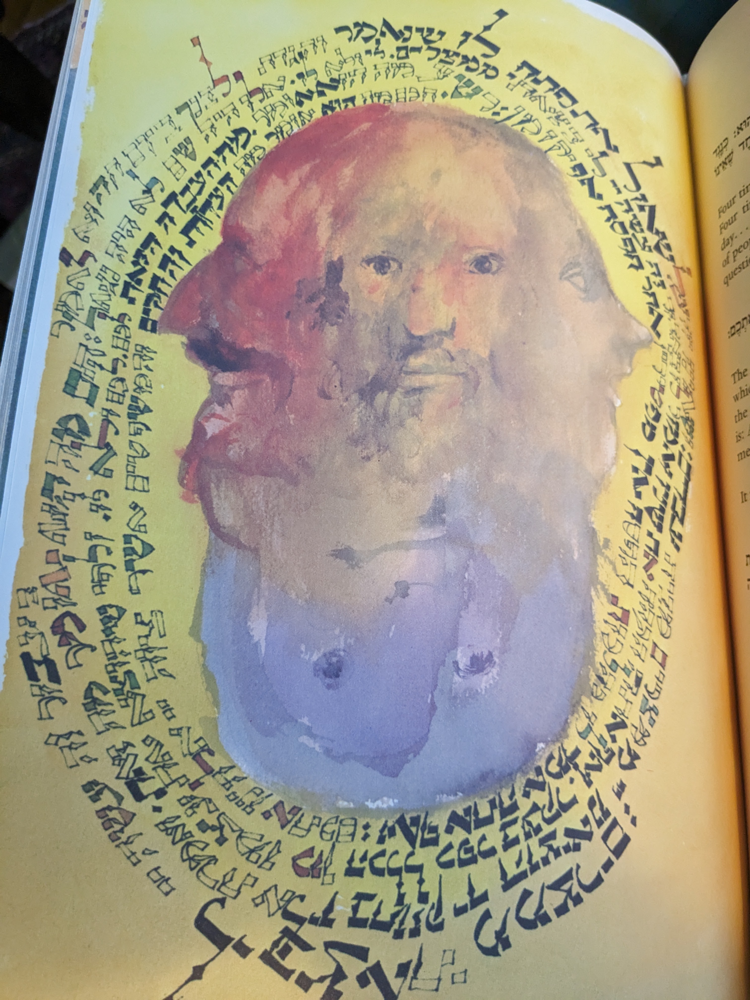 A painting of four heads merged together, looking in different directions.