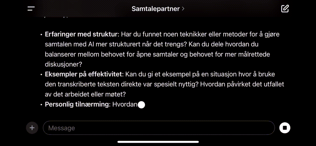 Skjermopptak som viser hva ChatGPT svarer på det jeg spørte om tidligere