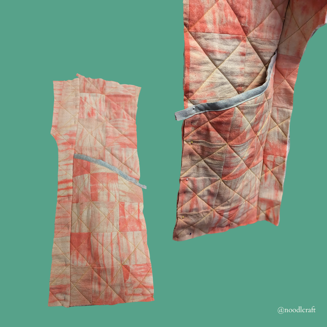 Two images of pieced-together pockets, pinned in place. This is the beginning of the jacket taking shape.