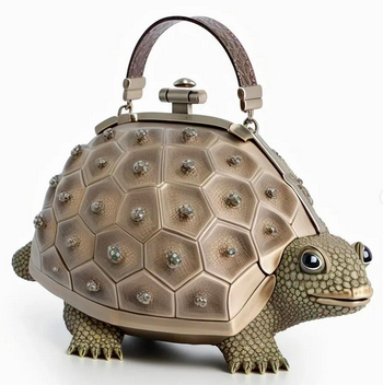 An AI-generated image of a purse that looks like a turtle