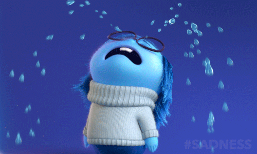 The blue character Sadness from the movie 'Inside Out,' leaning back with water coming from her eyes
