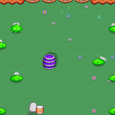 Gameplay footage of a duck hitting an exploding barrel with a hammer, taking out lots of nearby slime enemies.