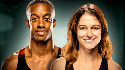 A man and a woman's faces morphing into alien creatures