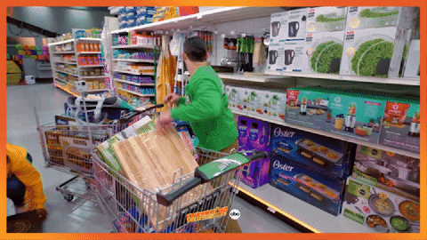People throw products from shelves into grocery carts