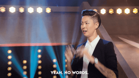 Kristen Kish saying "yeah, no words" and making an explosion motion from her temples