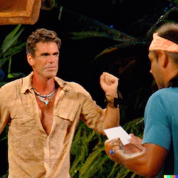 An AI-generated image of a man shaking a fist at another man who's holding a notebook