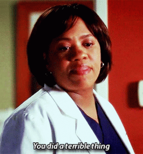 A doctor in a white coat saying 'You did a terrible thing'