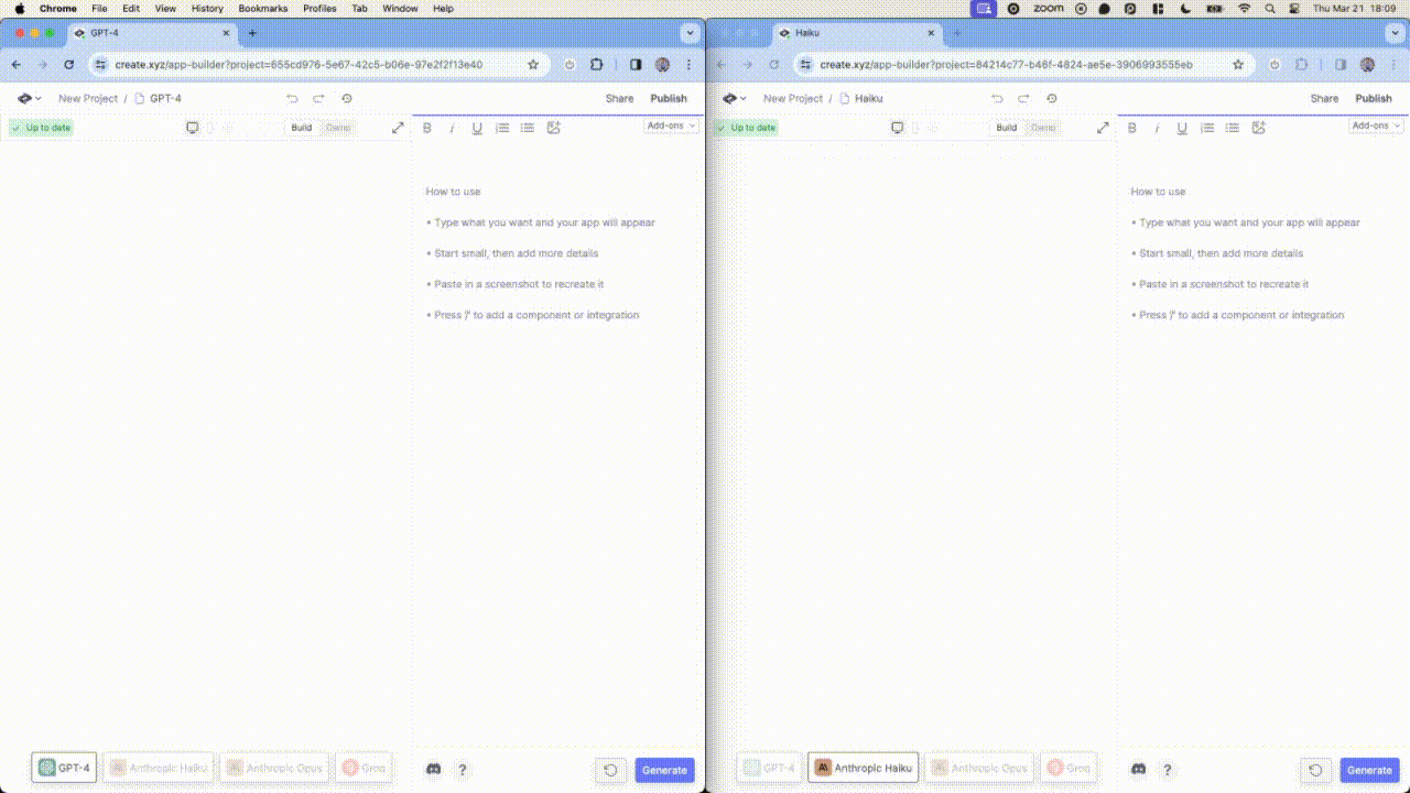 side by side comp of GPT-4 and Haiku building a netflix style page