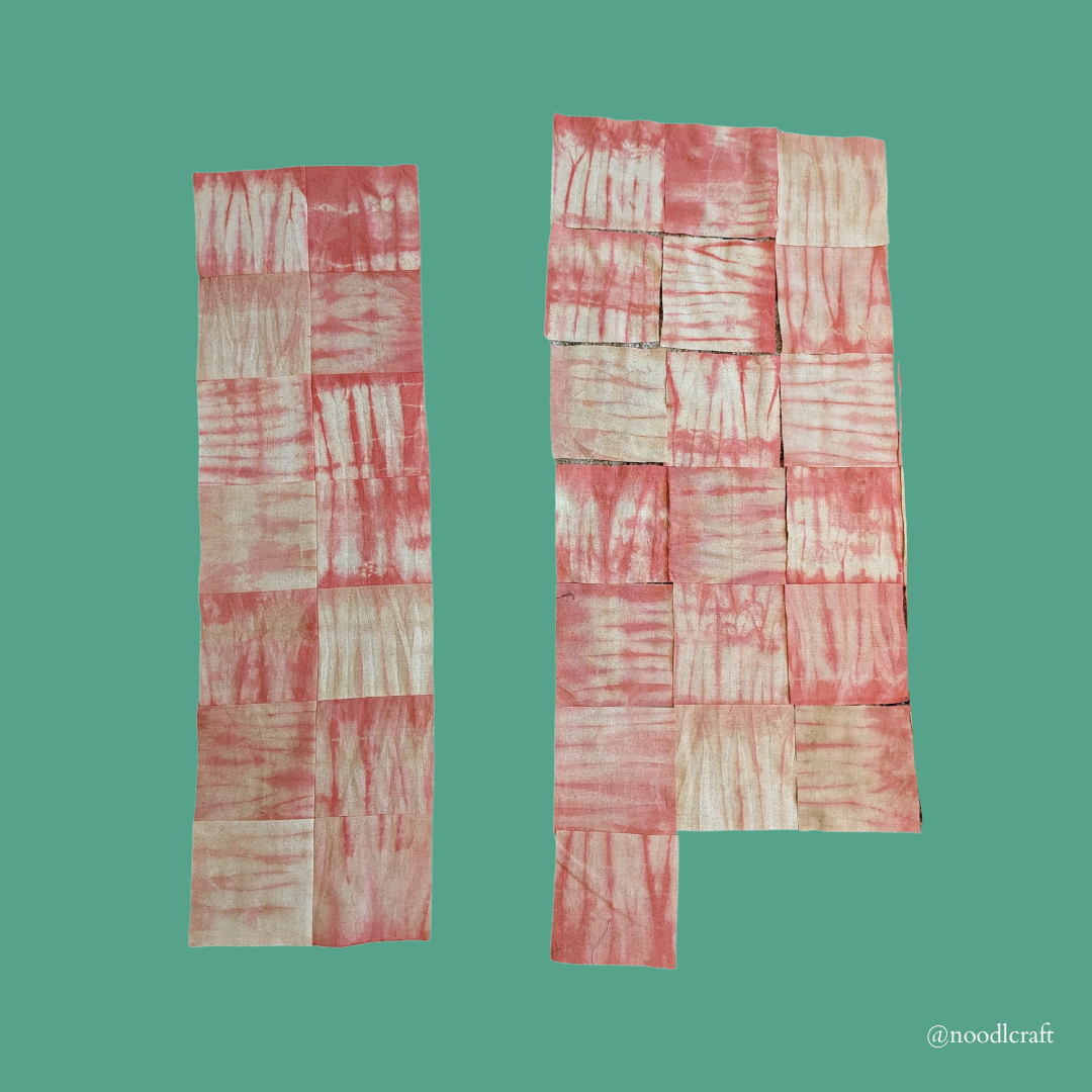 Pieced-together 5x5" squares of dyed fabric, starting to make a quilt.