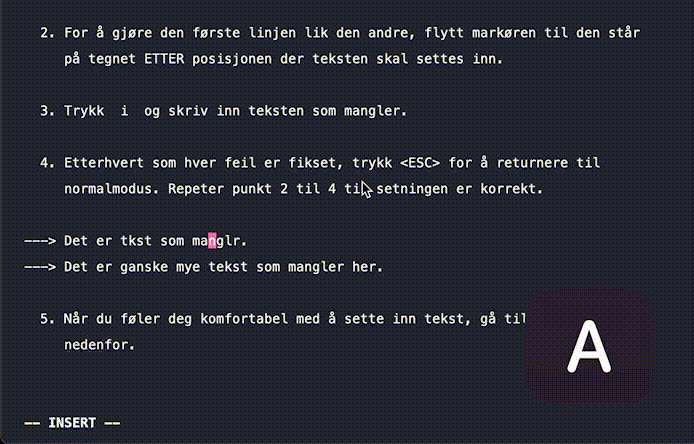 Demonstrasjon av å bytte mellom moduser i Vim